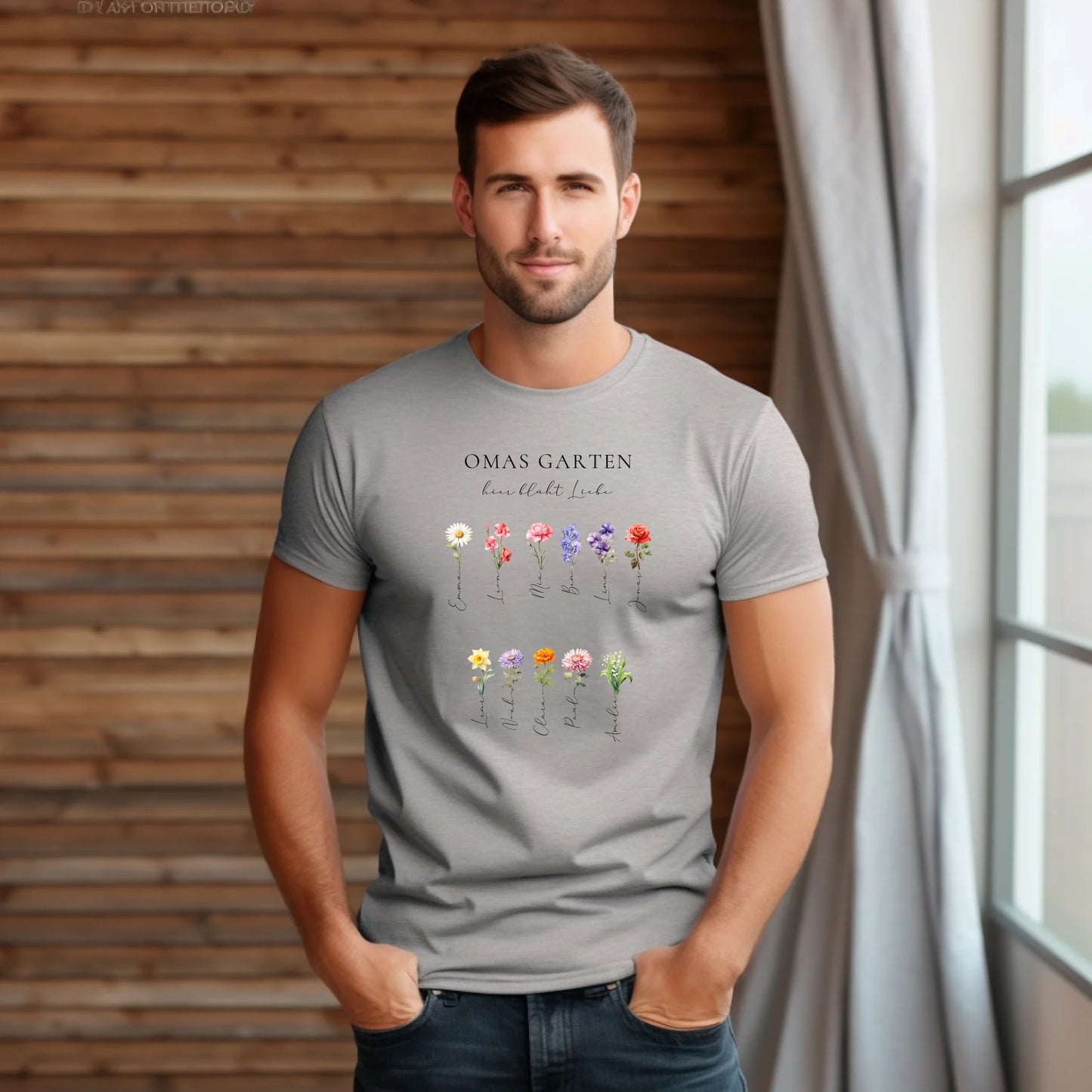 Omas Garten 1-11 Namen mit Geburtsblume T-Shirt