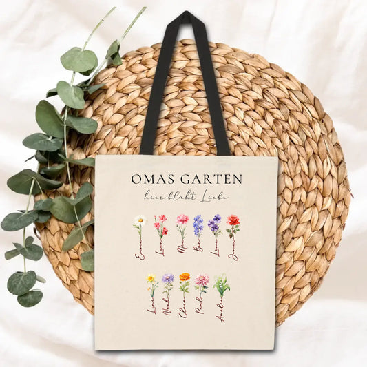 Omas Garten 1-11 Namen mit Geburtsblume - Jutetasche