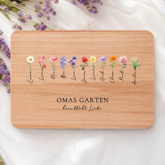 Omas Garten 1-11 Namen mit Geburtsblume Frühstücksbrett