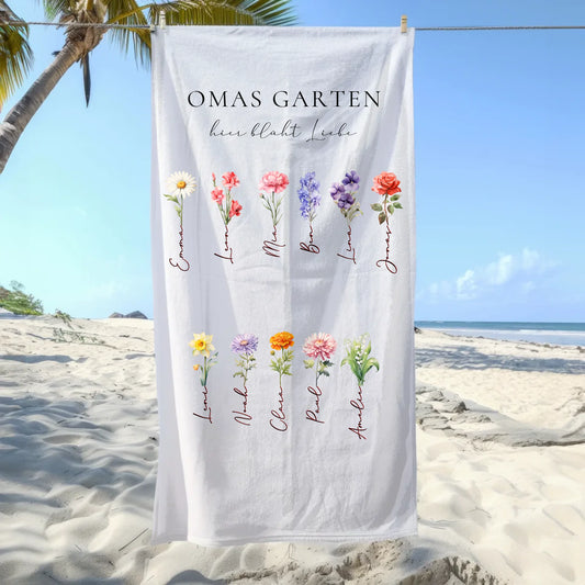 Omas Garten 1-11 Namen mit Geburtsblume Handtuch