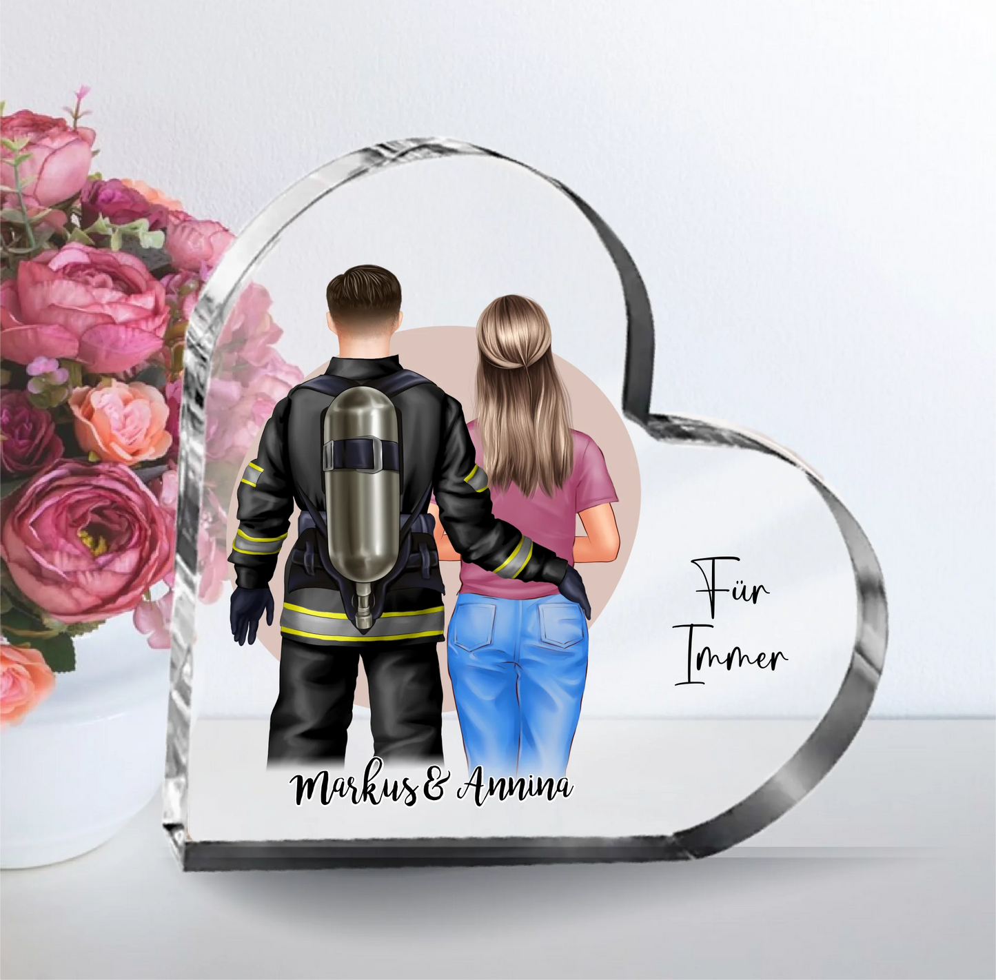 Feuerwehrmann & Frau Glasauftsteller Herz