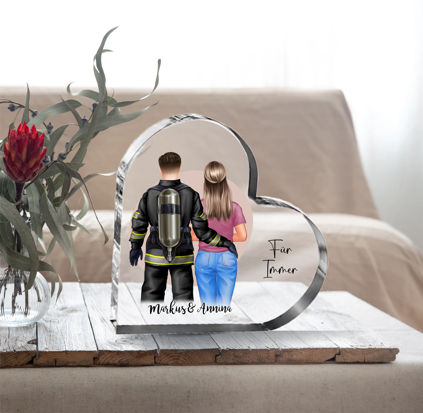 Feuerwehrmann & Frau Glasauftsteller Herz