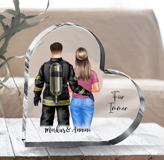 Feuerwehrmann & Frau Glasauftsteller Herz