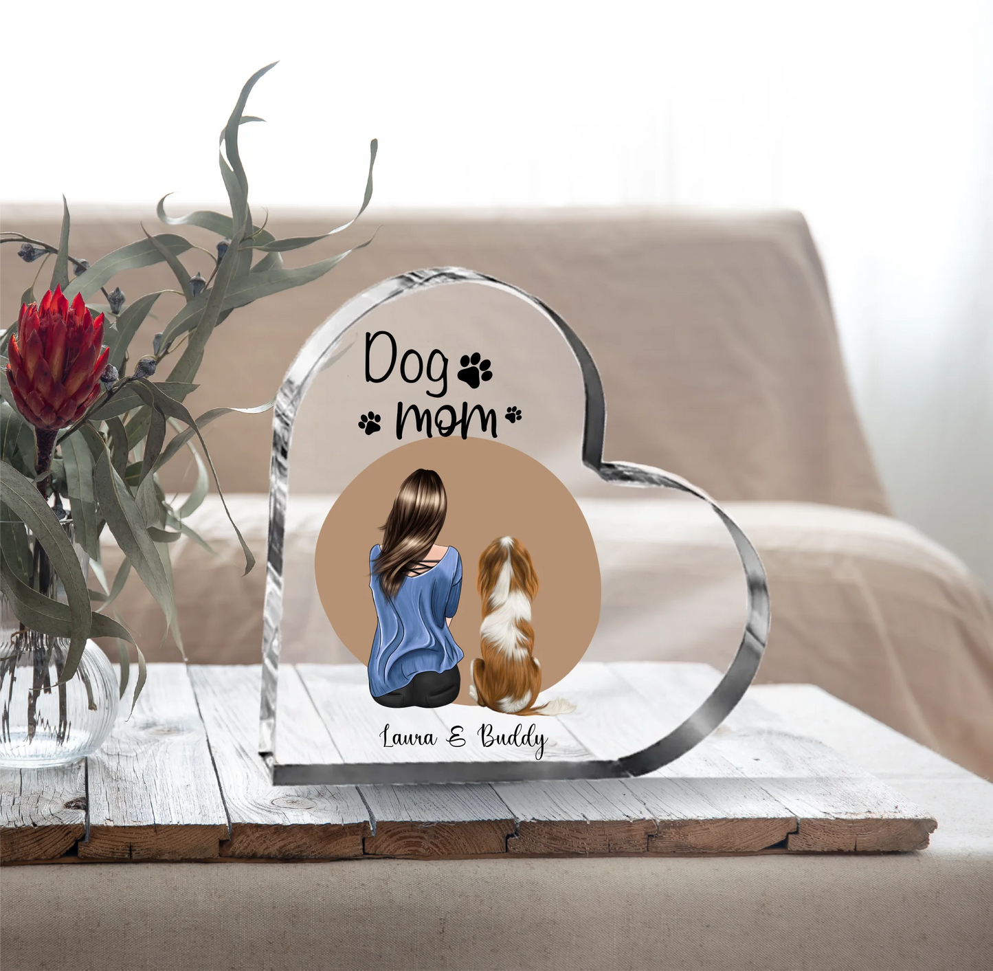 Frau/Mann mit (Hund/Katze) Herz Glasaufsteller