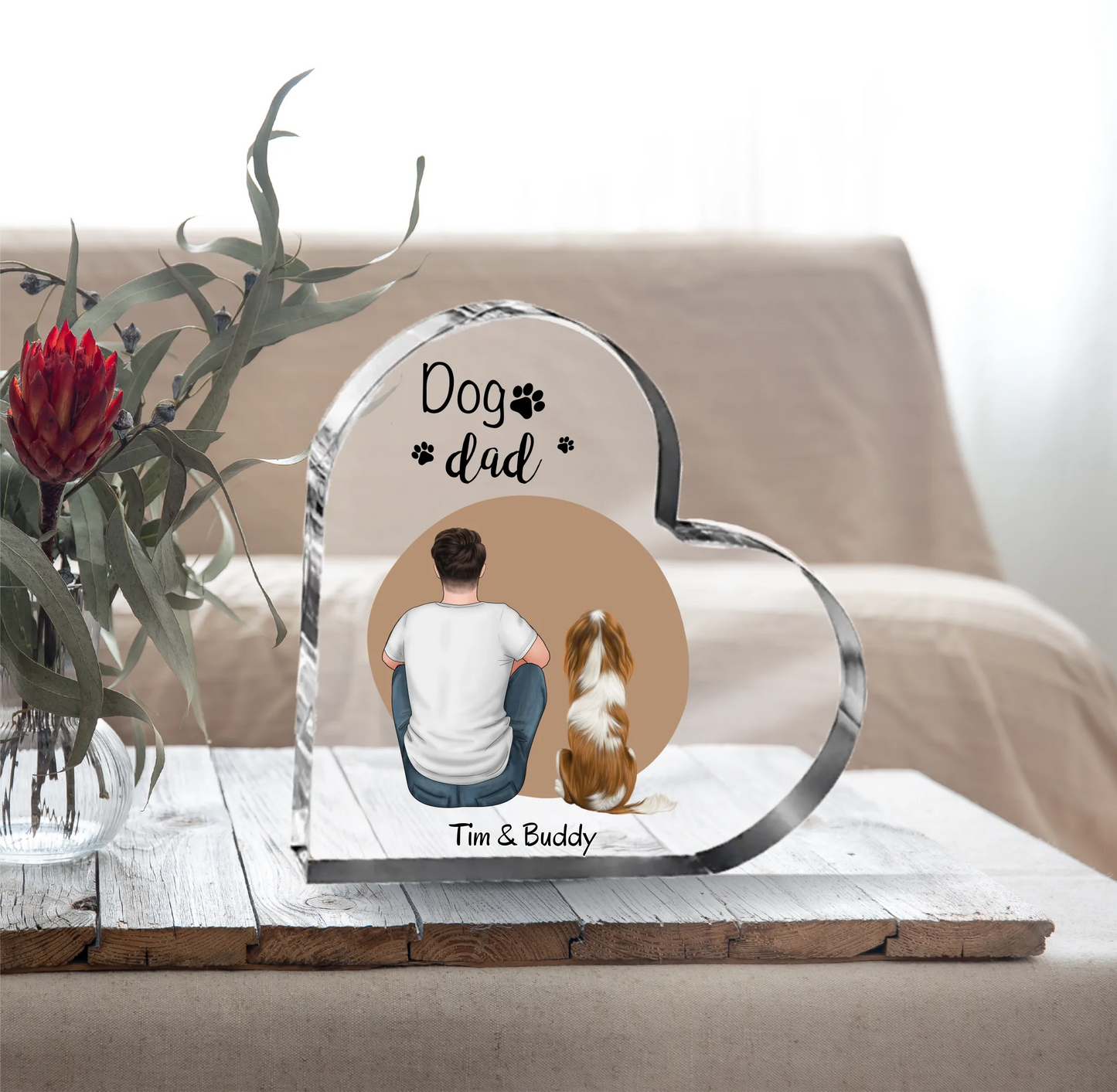 Frau/Mann mit (Hund/Katze) Herz Glasaufsteller