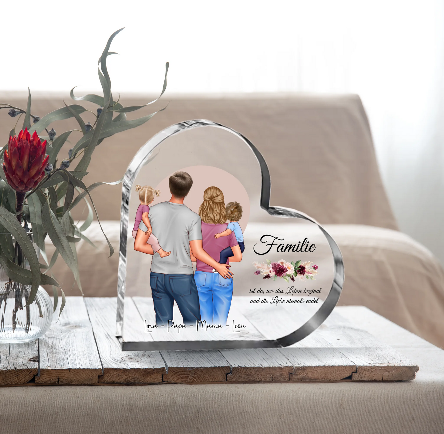 Mama, Papa & 1 oder 2 Babys Herz Glasaufsteller