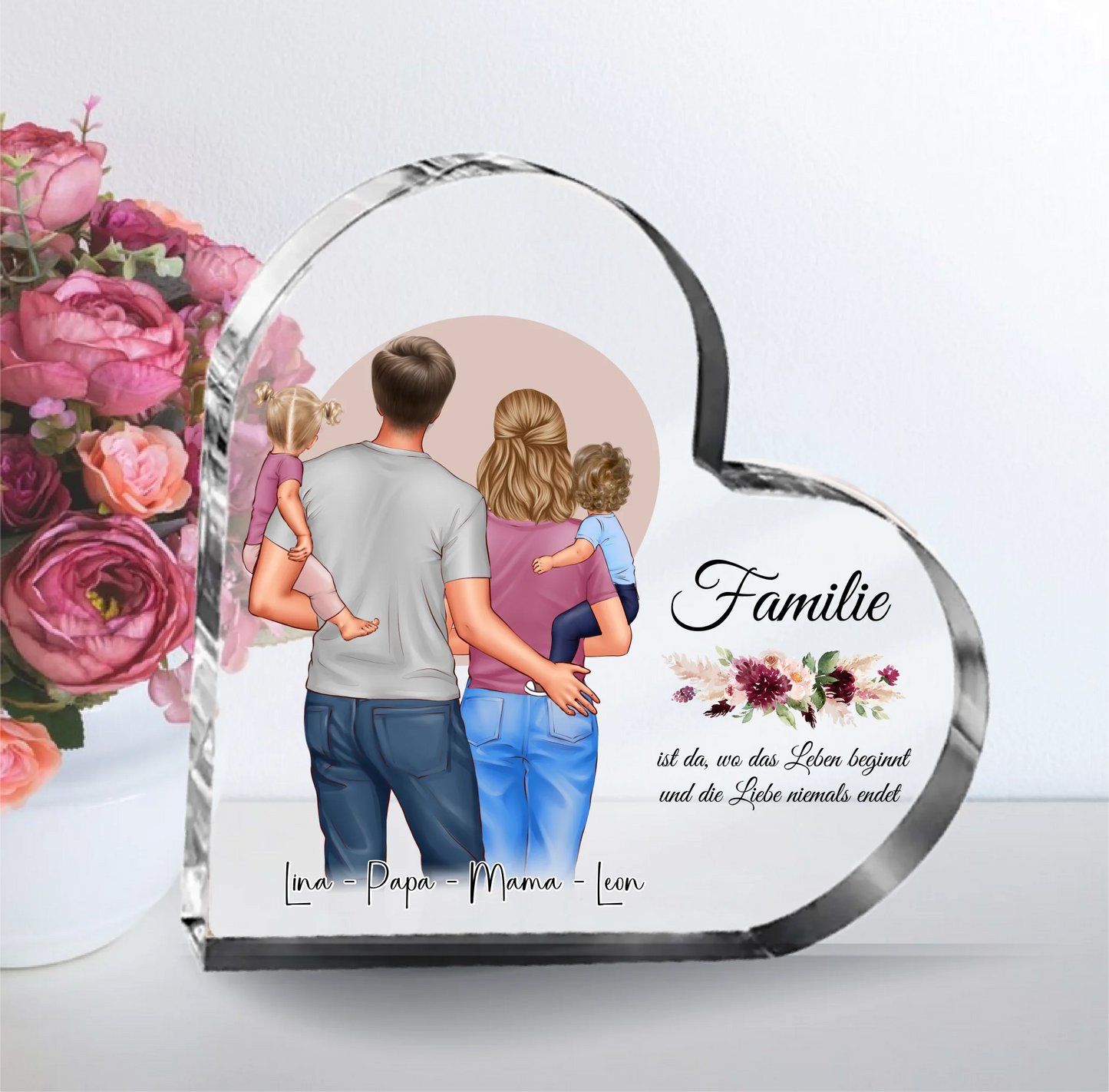Mama, Papa & 1 oder 2 Babys Herz Glasaufsteller