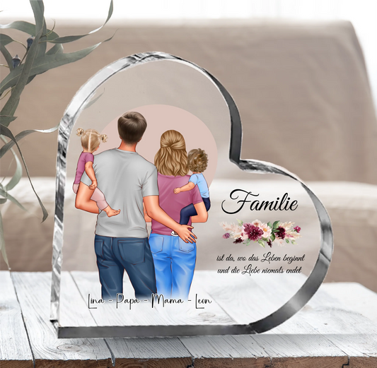Mama, Papa & 1 oder 2 Babys Herz Glasaufsteller