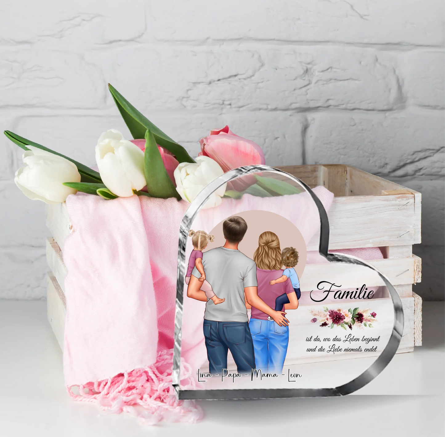 Mama, Papa & 1 oder 2 Babys Herz Glasaufsteller