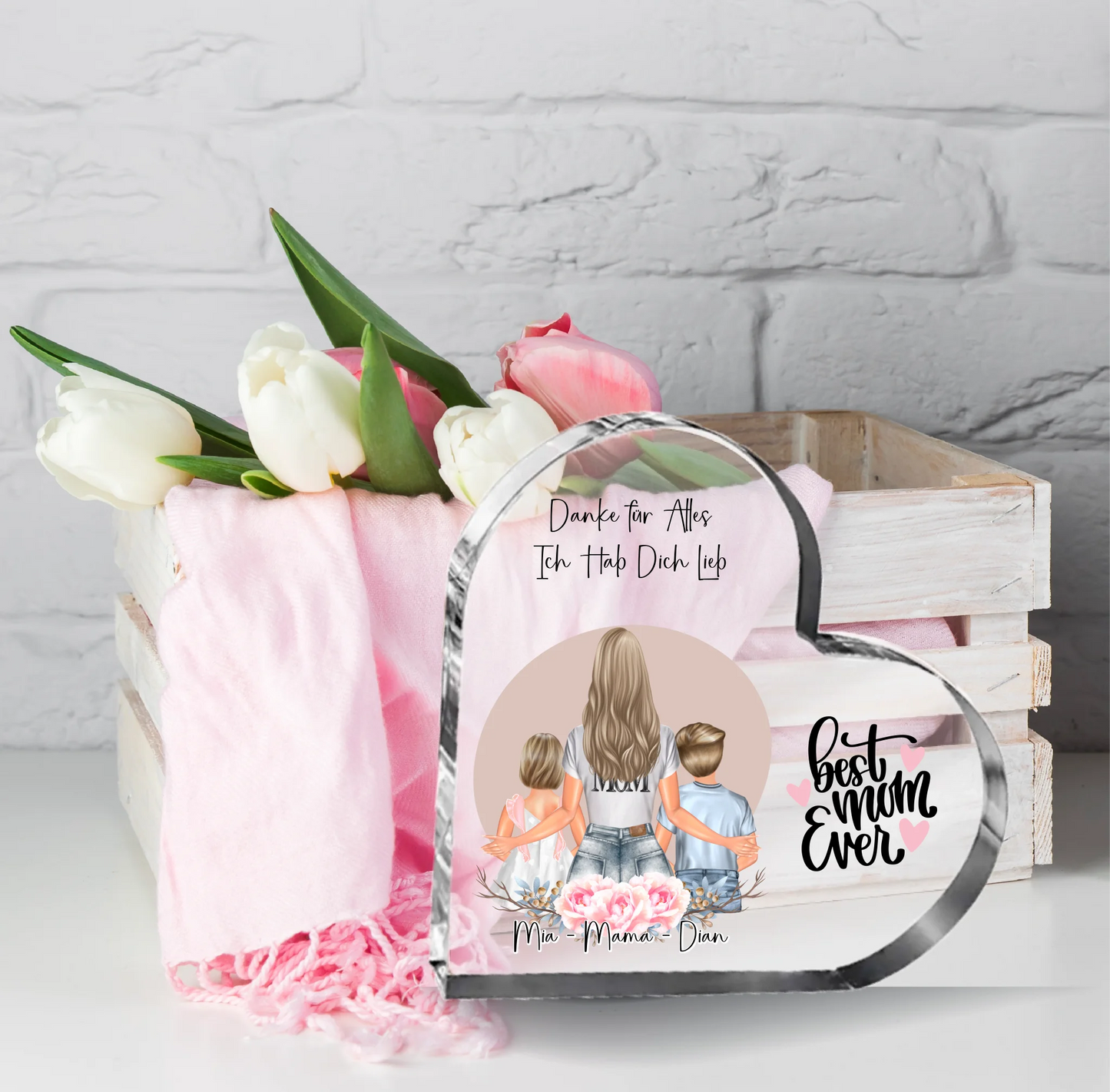 Mama mit 1 & 2 Kindern Herz Glasaufsteller