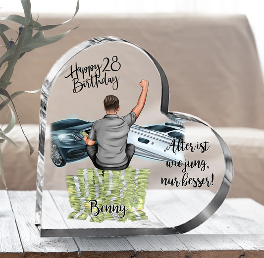 Geburtstag Mann Herz Glasaufsteller