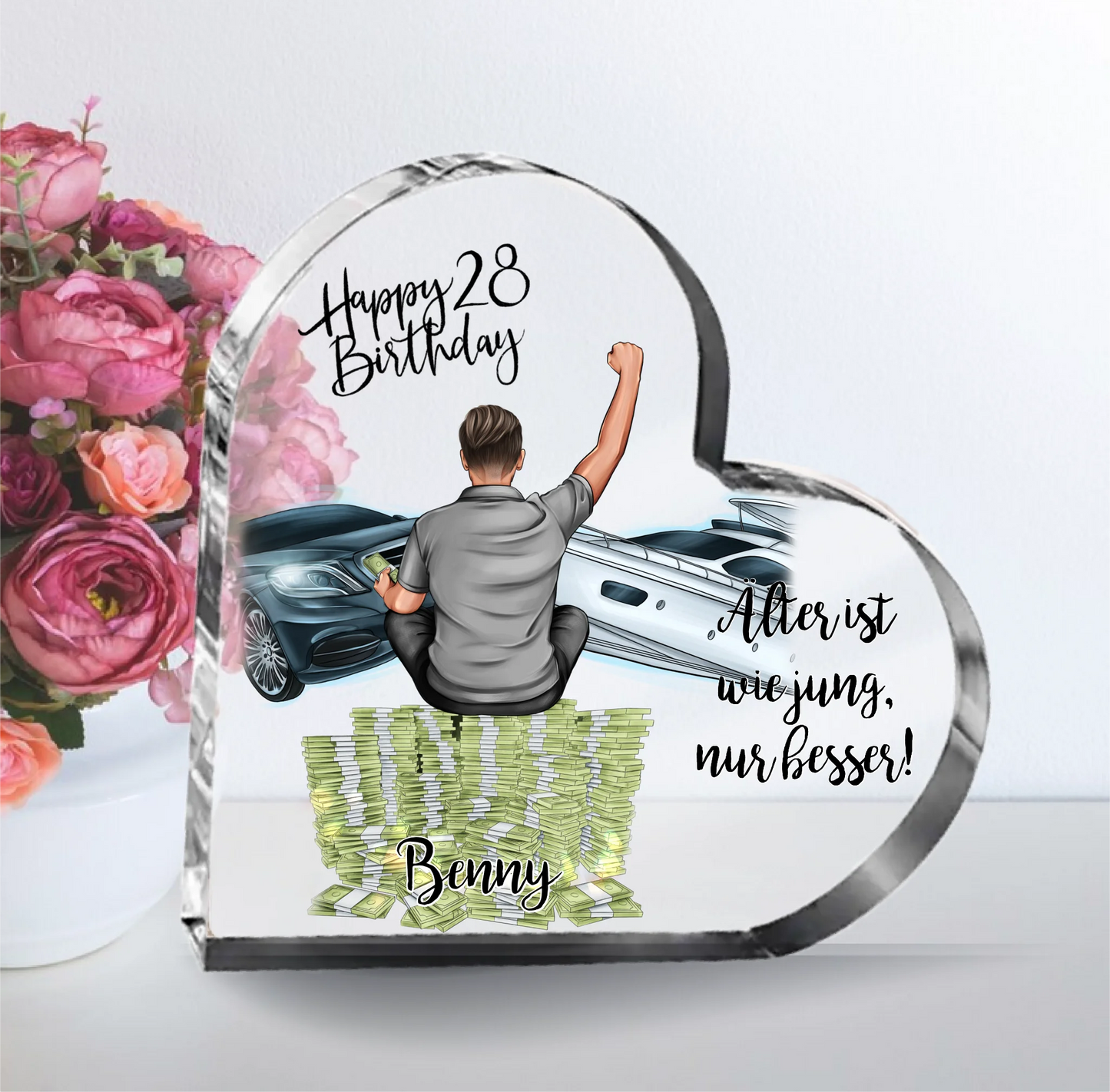 Geburtstag Mann Herz Glasaufsteller