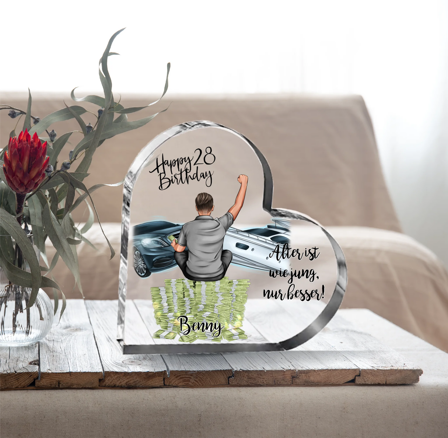Geburtstag Mann Herz Glasaufsteller