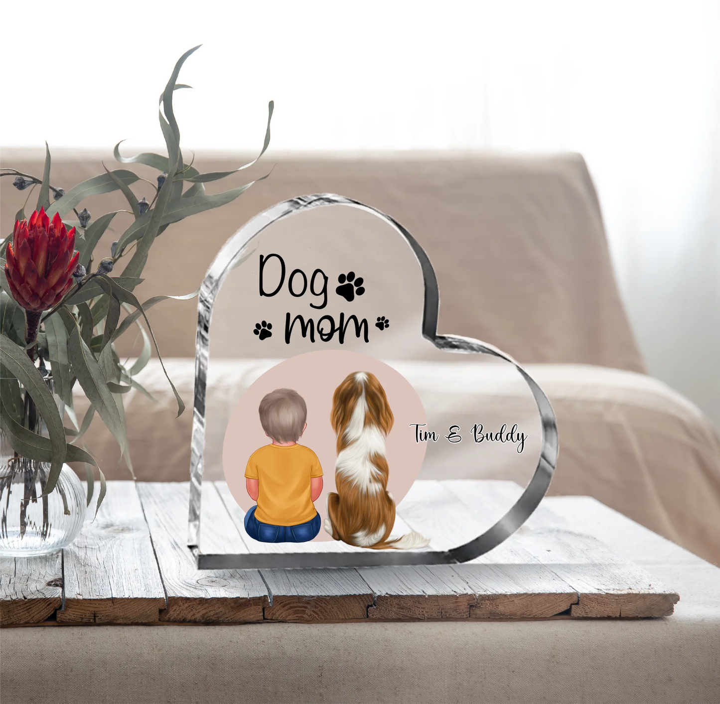 Baby/Kind mit Haustier Herz Glasaufsteller