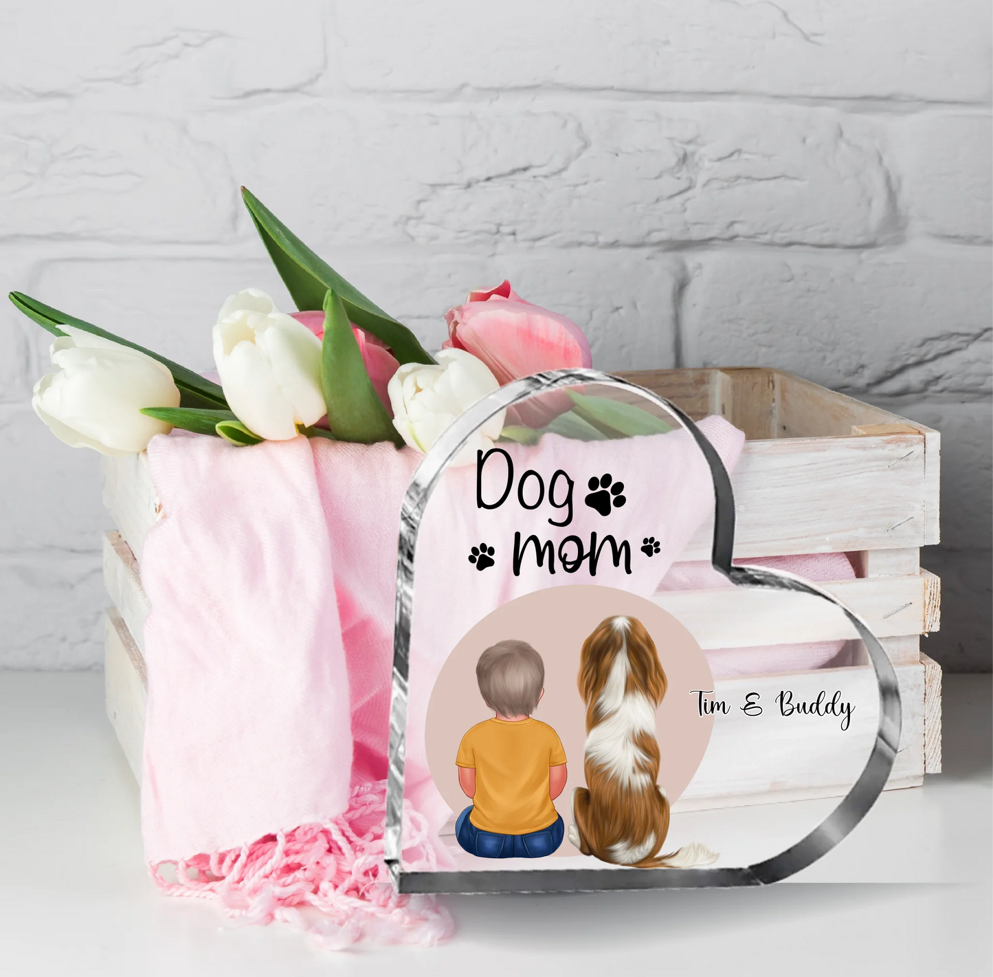 Baby/Kind mit Haustier Herz Glasaufsteller
