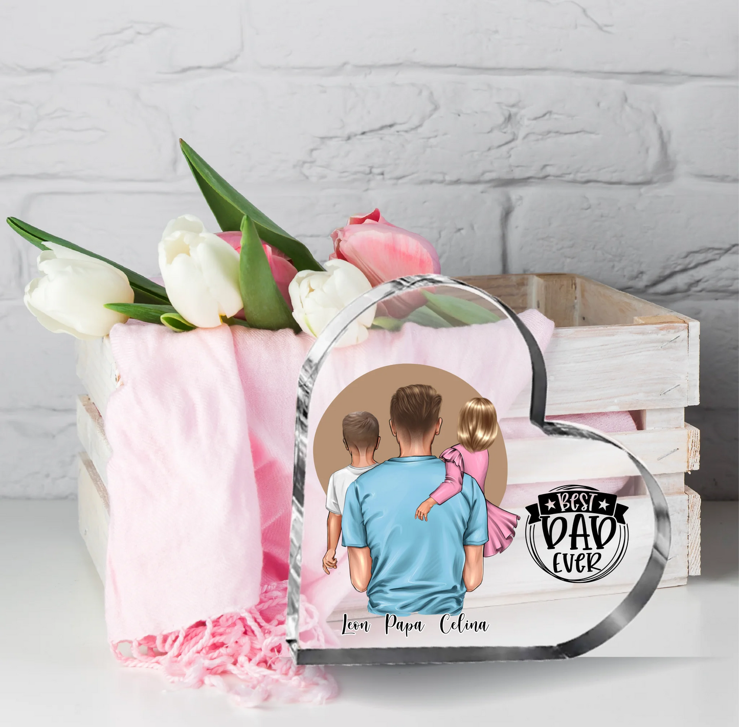 Papa & 1-2 Kinder Herz Glasaufsteller