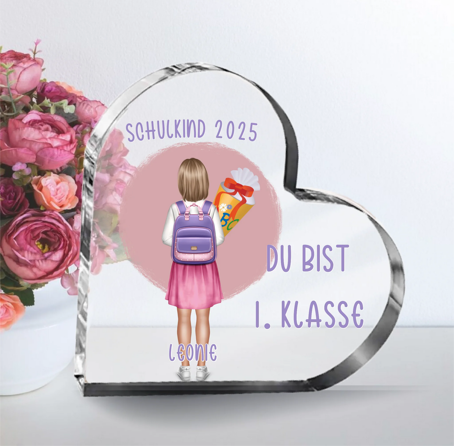 1-2 Schulkinder (Junge & Mädchen) Herz Glasaufsteller