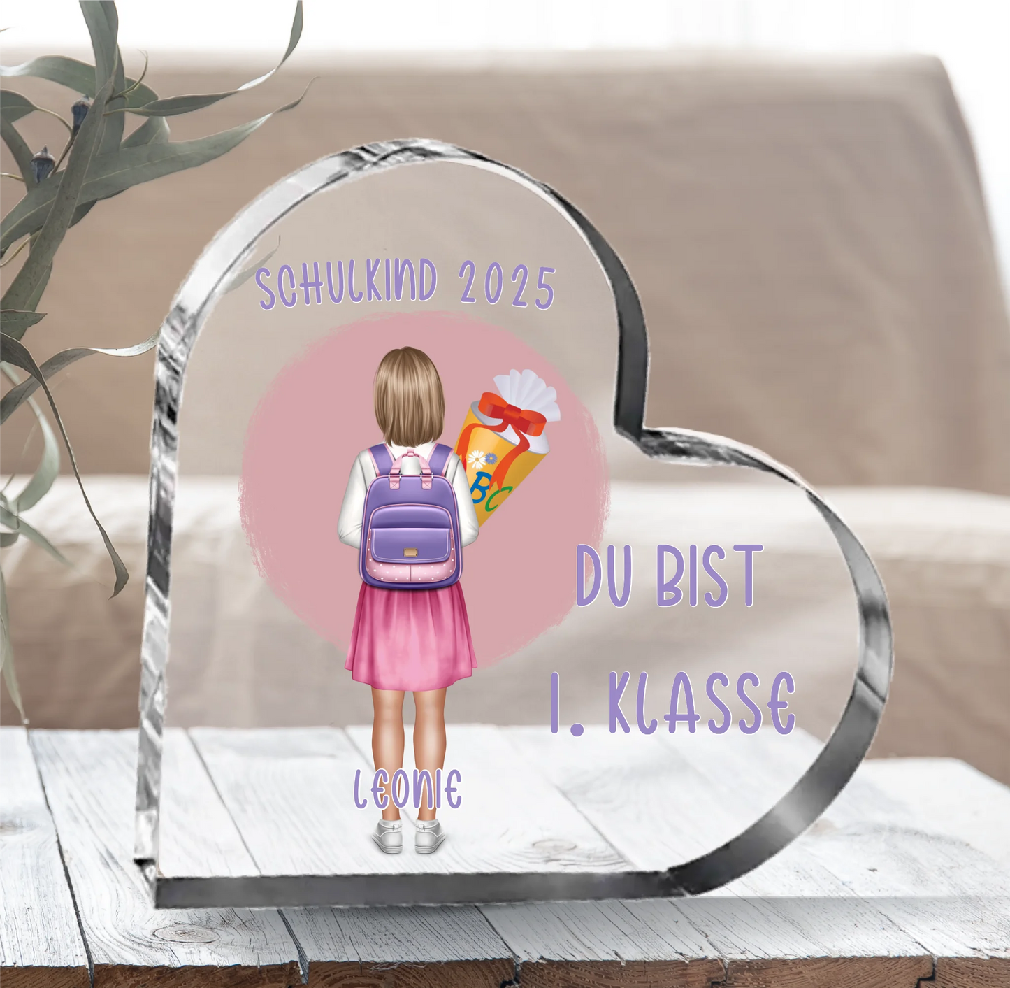1-2 Schulkinder (Junge & Mädchen) Herz Glasaufsteller