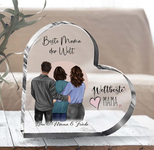 Mama mit Sohn & 1-2 Töchter Herz Glasaufsteller