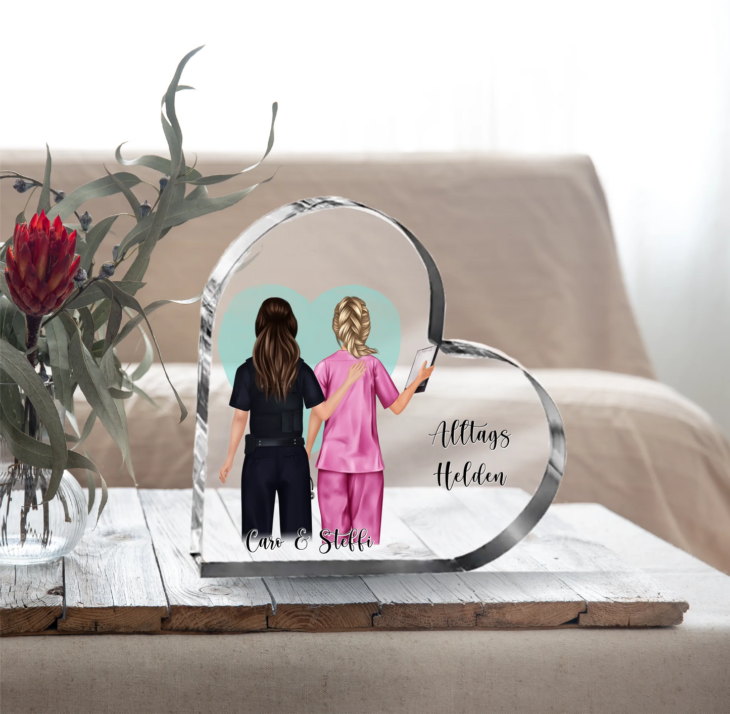 Polizei & Krankenschwester Herz Glasaufsteller