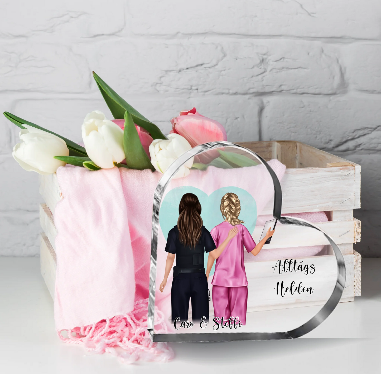 Polizei & Krankenschwester Herz Glasaufsteller