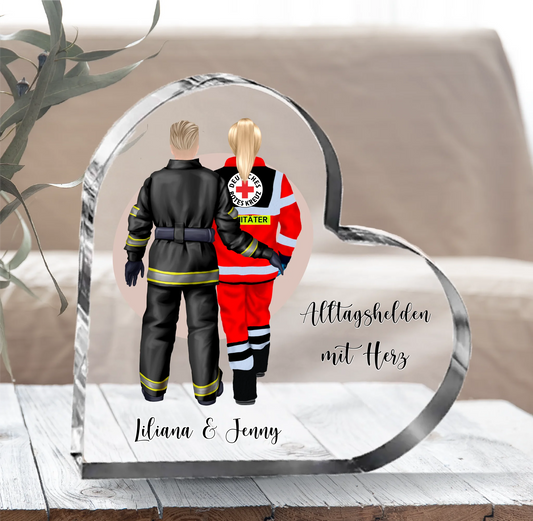 Feuerwehr & Sanitäter Herz Glasaufsteller