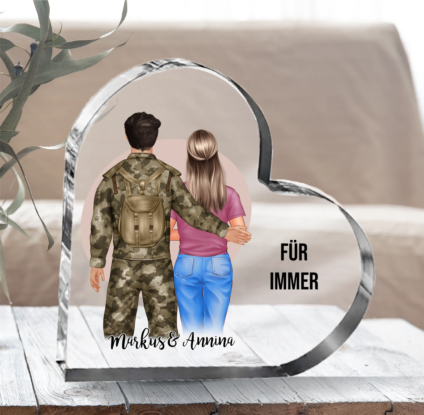 Soldat & Frau (+1-2 Kinder) Glasauftsteller Herz