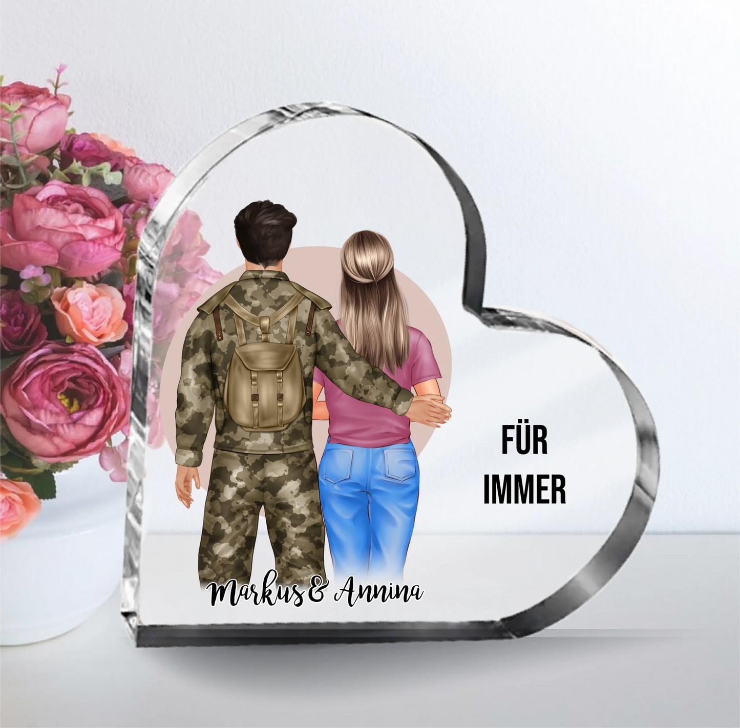 Soldat & Frau (+1-2 Kinder) Glasauftsteller Herz