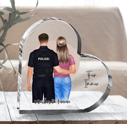 Polizist & Frau (+1-2 Kinder) Herz Glasaufsteller