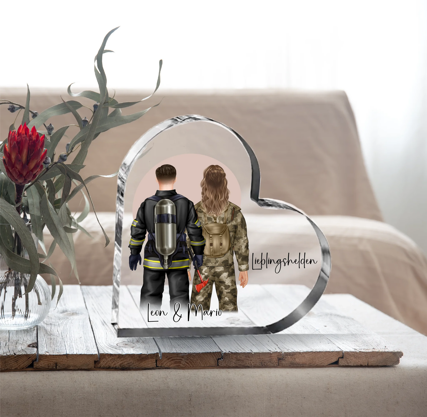 Feuerwehr & Soldat Herz Glasaufsteller