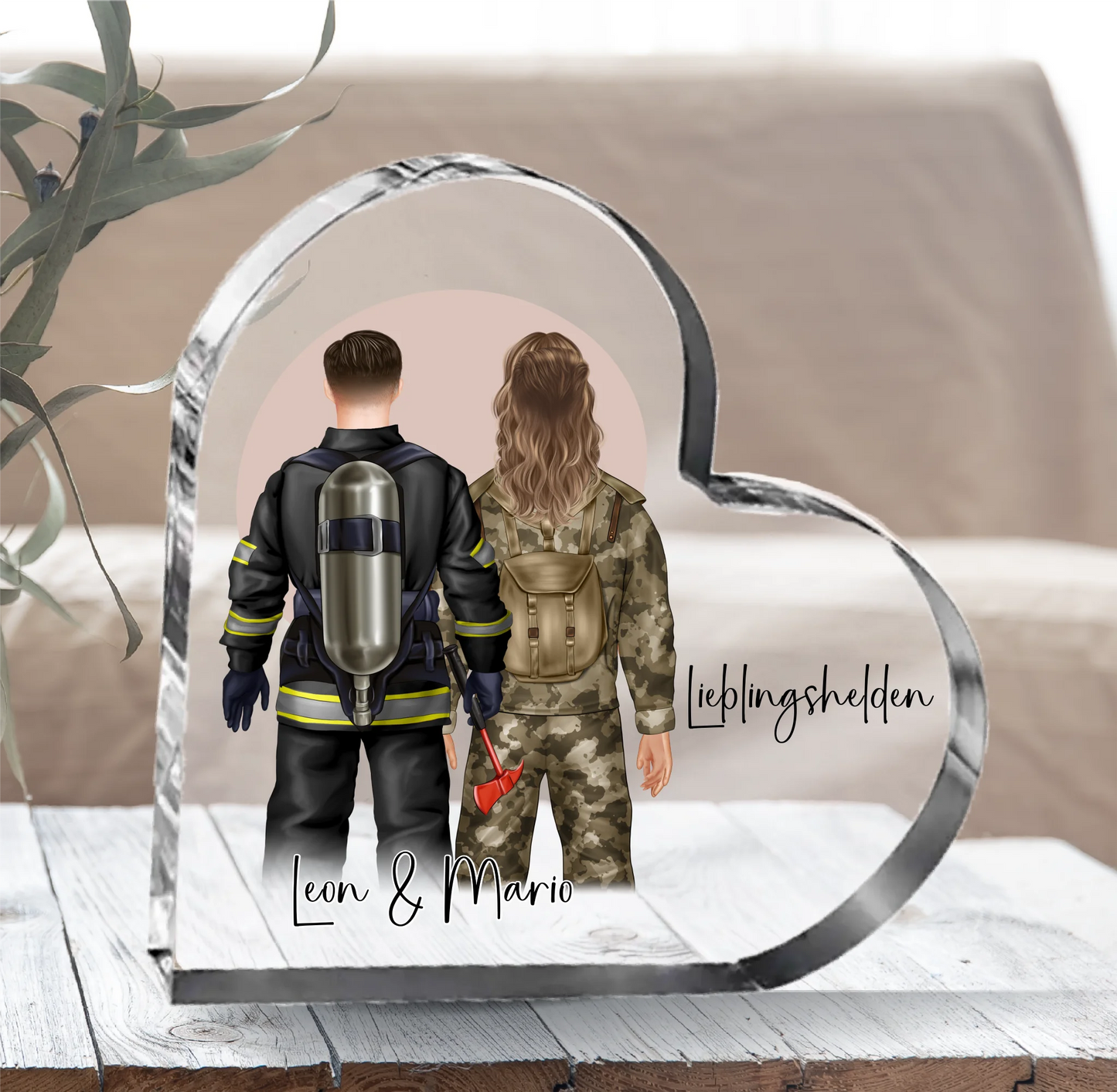 Feuerwehr & Soldat Herz Glasaufsteller