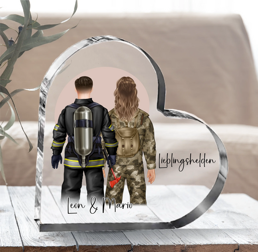 Feuerwehr & Soldat Herz Glasaufsteller