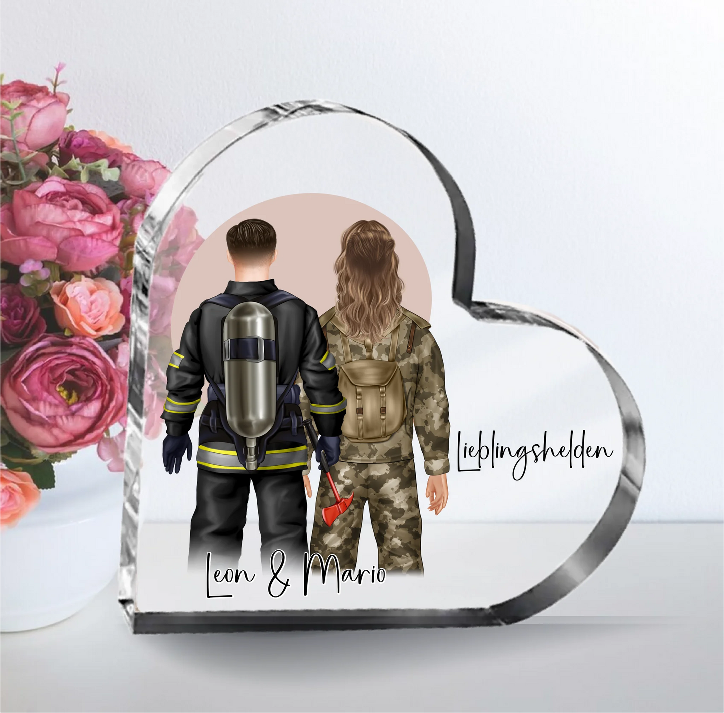 Feuerwehr & Soldat Herz Glasaufsteller