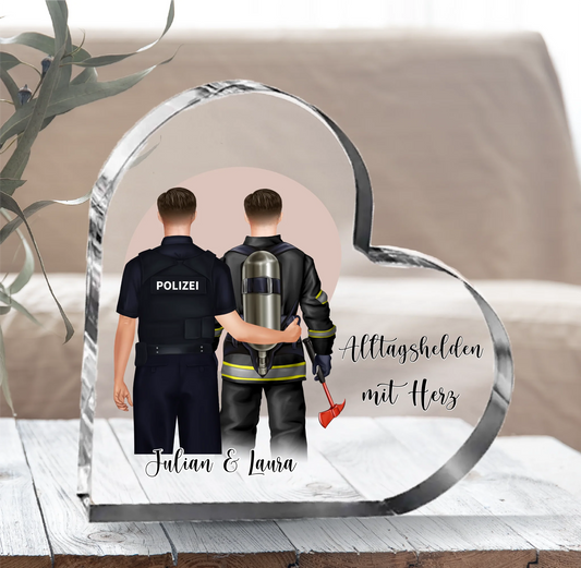 Feuerwehr & Polizist Herz Glasaufsteller