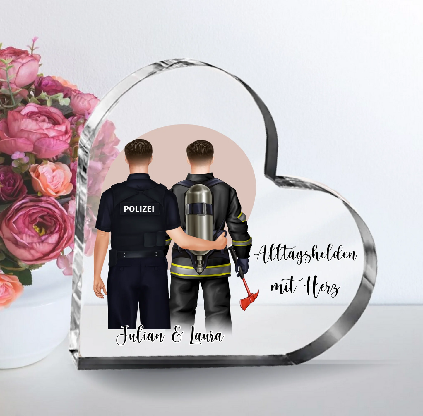 Feuerwehr & Polizist Herz Glasaufsteller