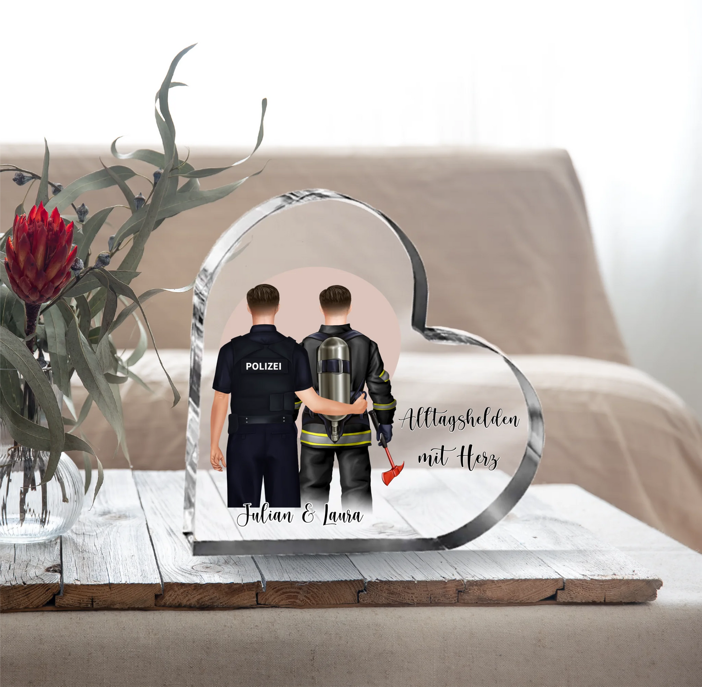 Feuerwehr & Polizist Herz Glasaufsteller