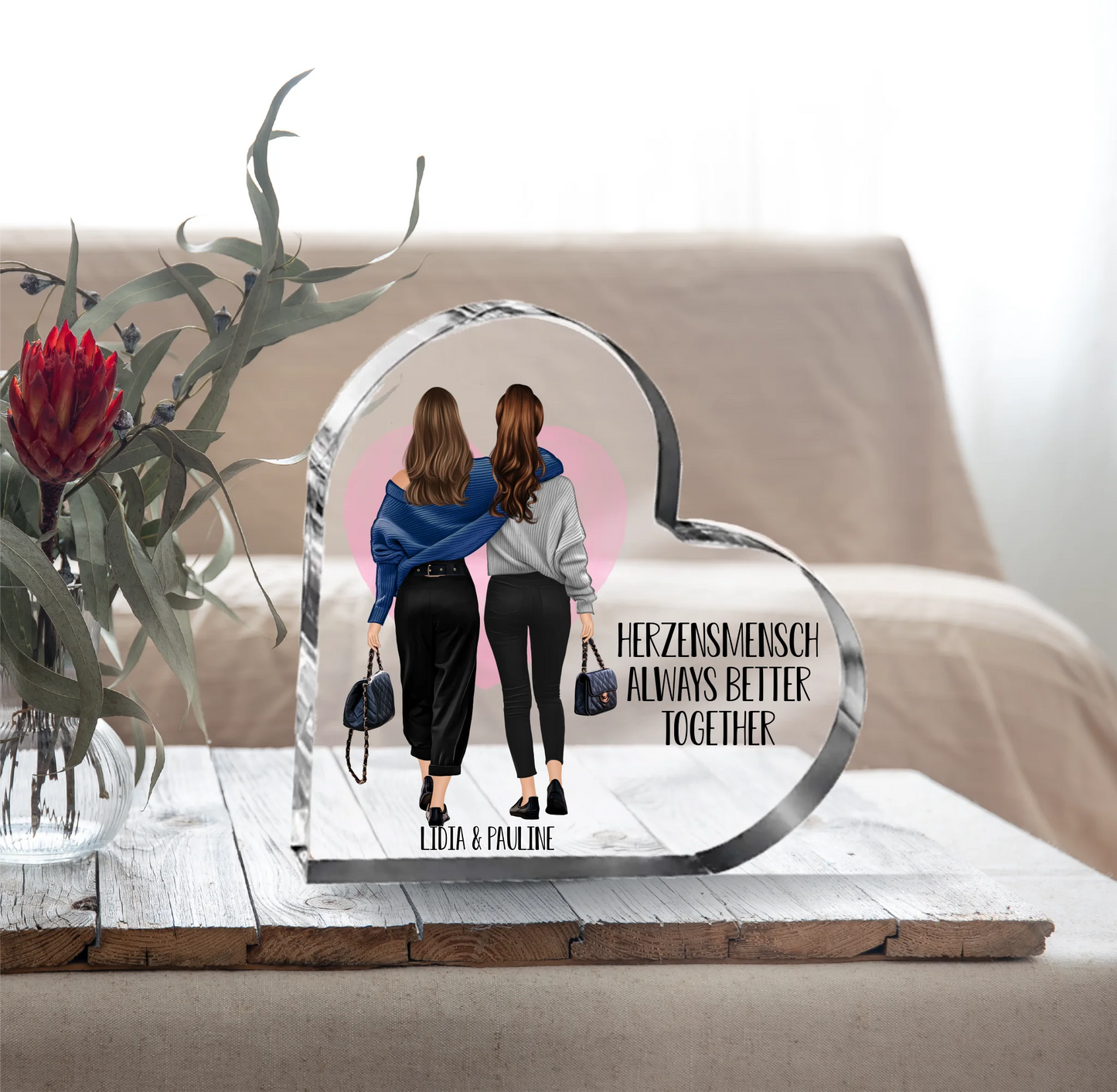 2-4 Beste Freundinnen personalisieren Herz Glasaufsteller