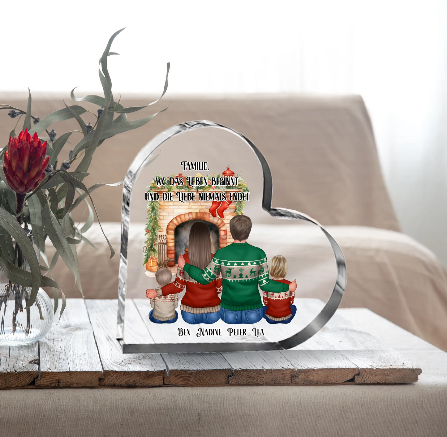 Winter Familie 3-5 Personen + Haustier Herz Glasaufsteller