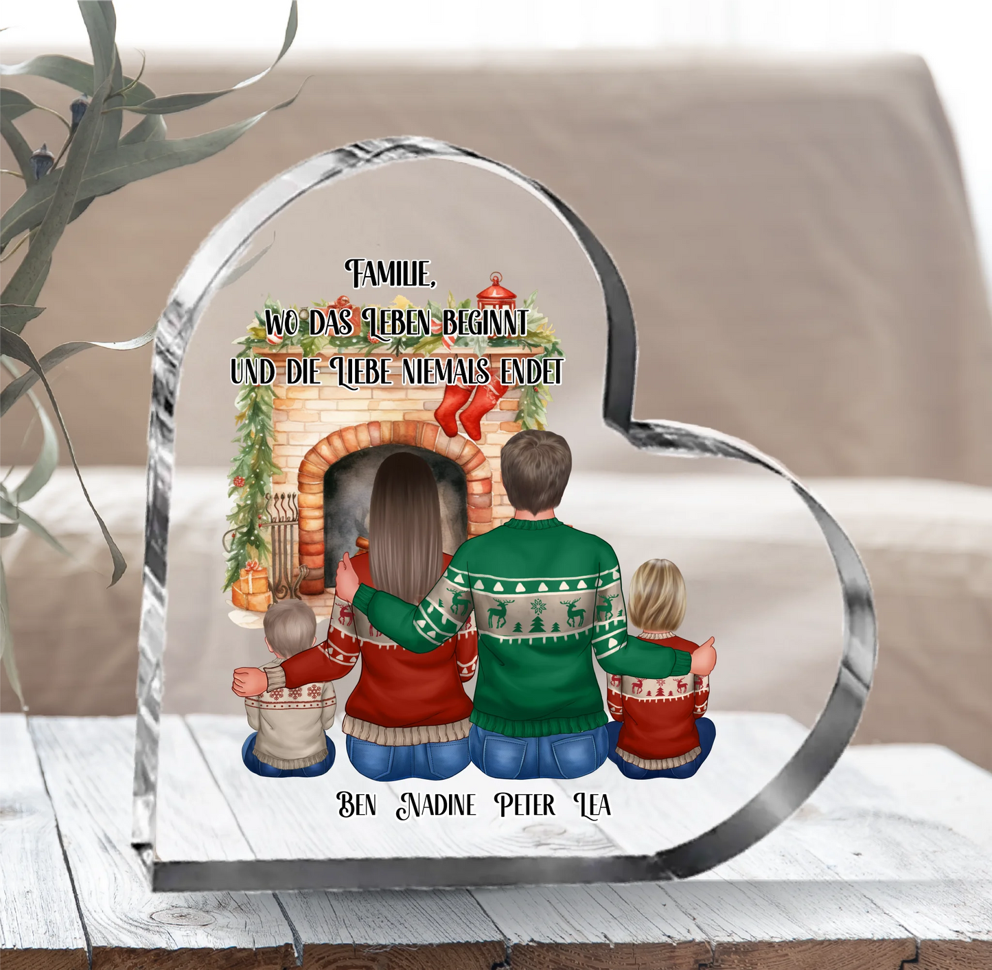 Winter Familie 3-5 Personen + Haustier Herz Glasaufsteller