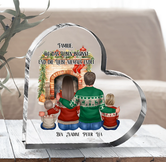 Winter Familie 3-5 Personen + Haustier Herz Glasaufsteller