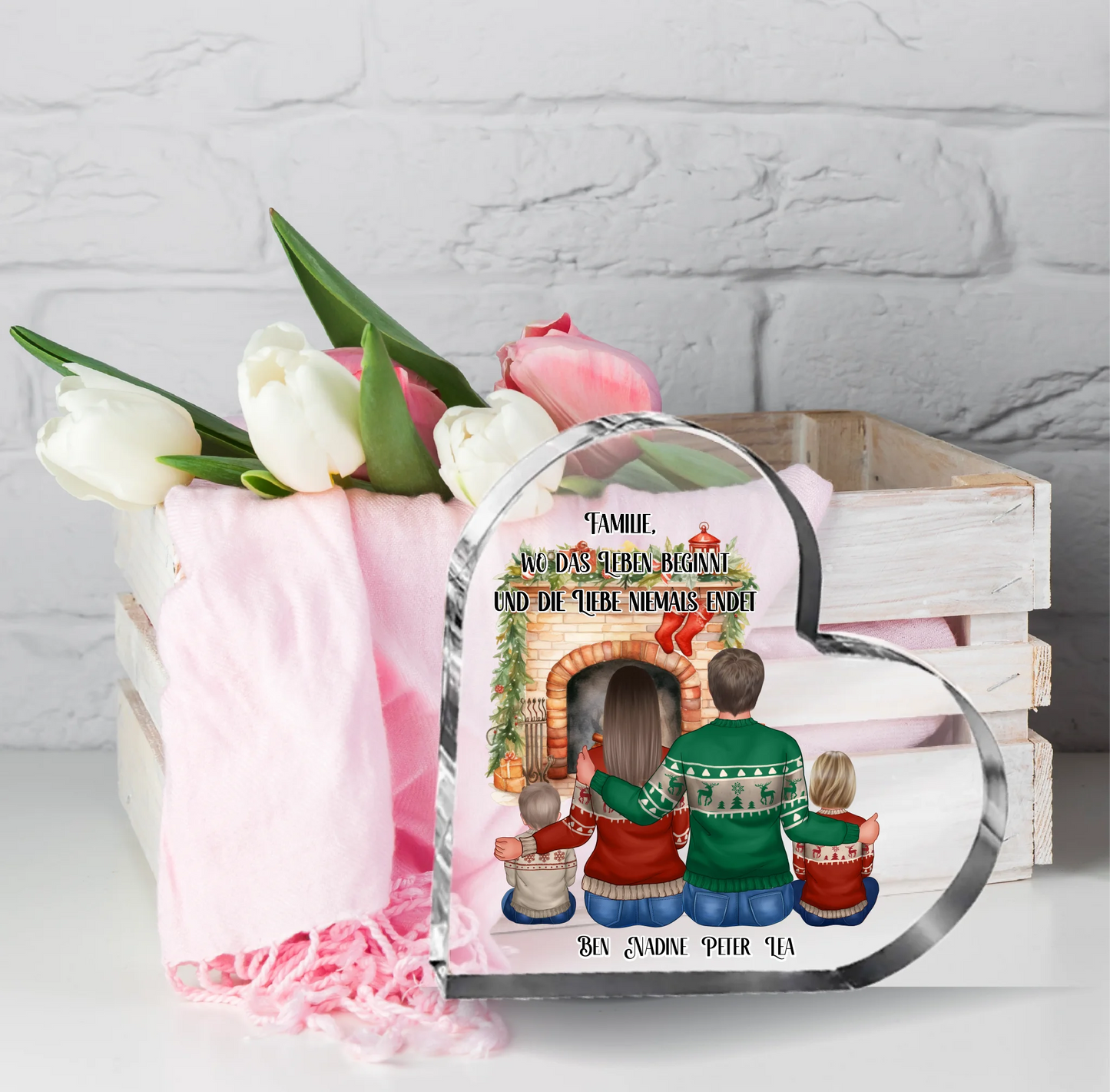 Winter Familie 3-5 Personen + Haustier Herz Glasaufsteller