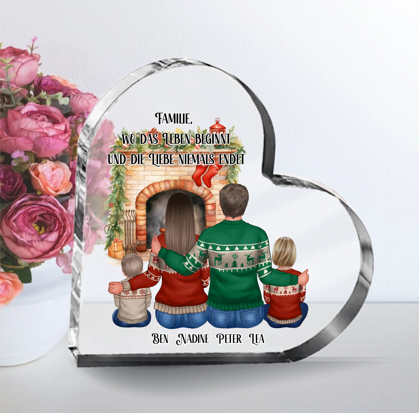 Winter Familie 3-5 Personen + Haustier Herz Glasaufsteller