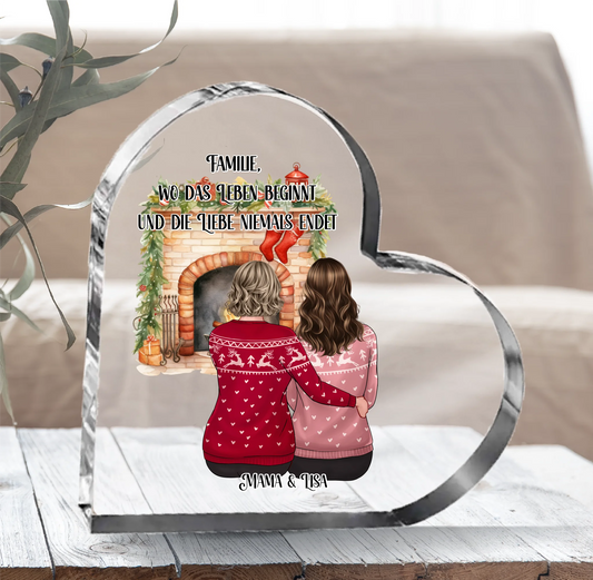 Winter Mutter & Tochter/Sohn Herz Glasaufsteller