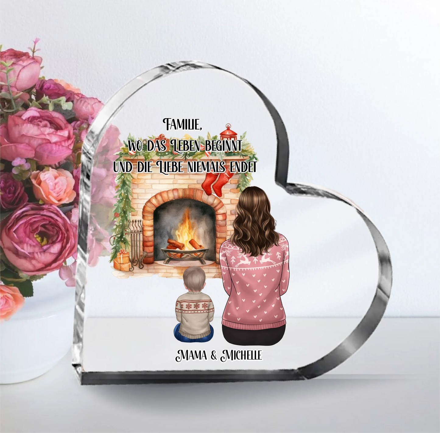 Winter Mama mit 1-3 Kindern Herz Glasaufsteller