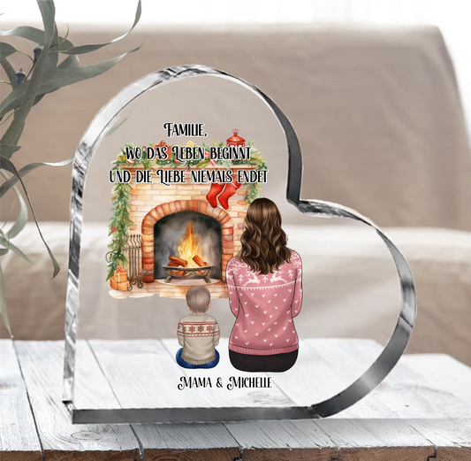 Winter Mama mit 1-3 Kindern Herz Glasaufsteller