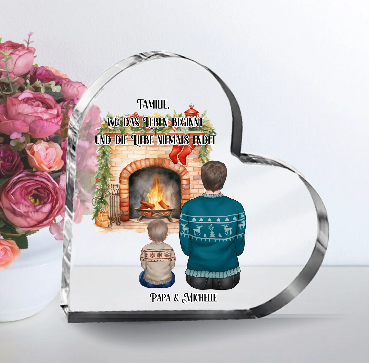 Winter Papa mit 1-3 Kindern Herz Glasaufsteller