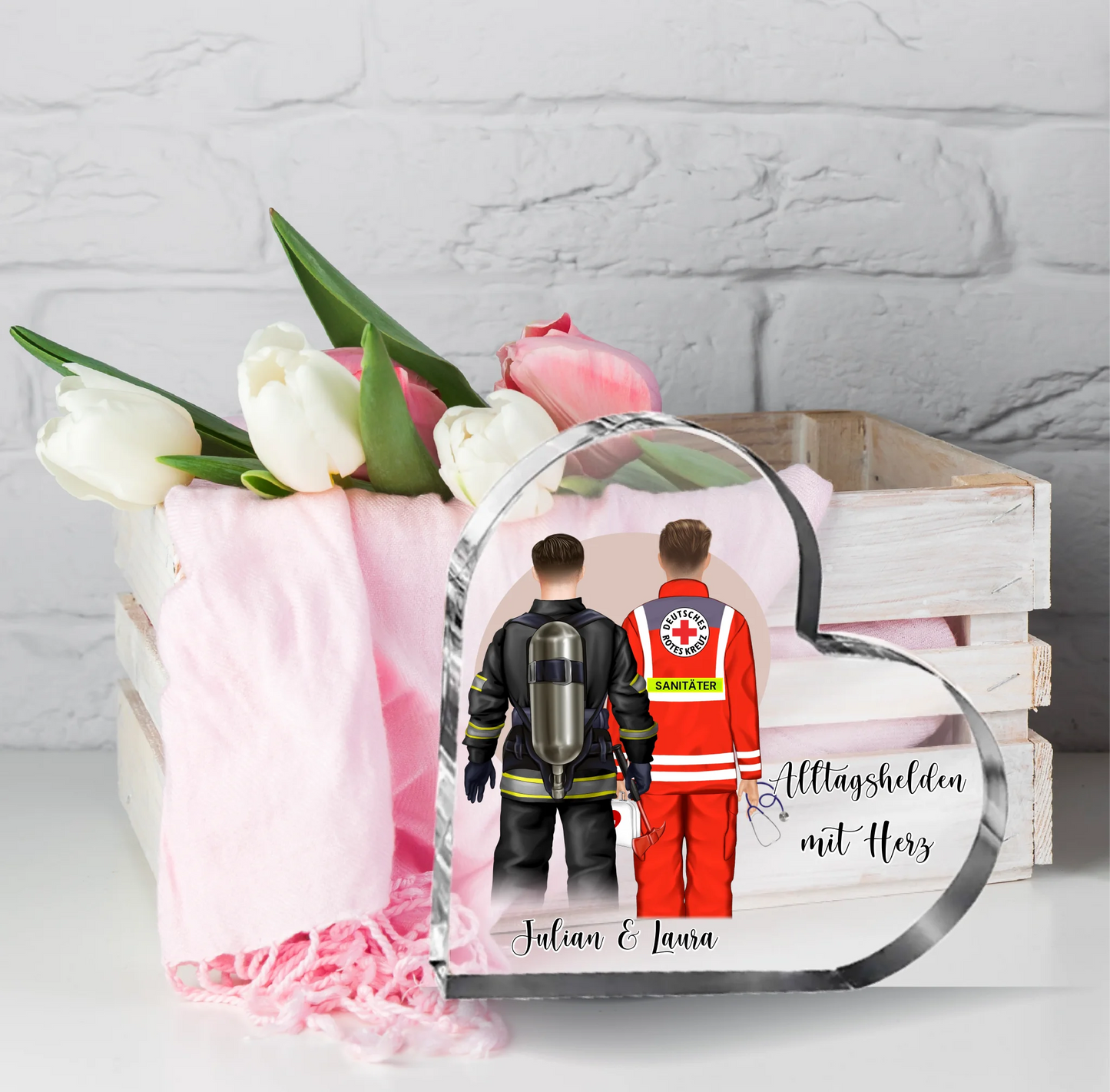 Feuerwehr & Sanitäter Alltagshelden Herz Glasaufsteller