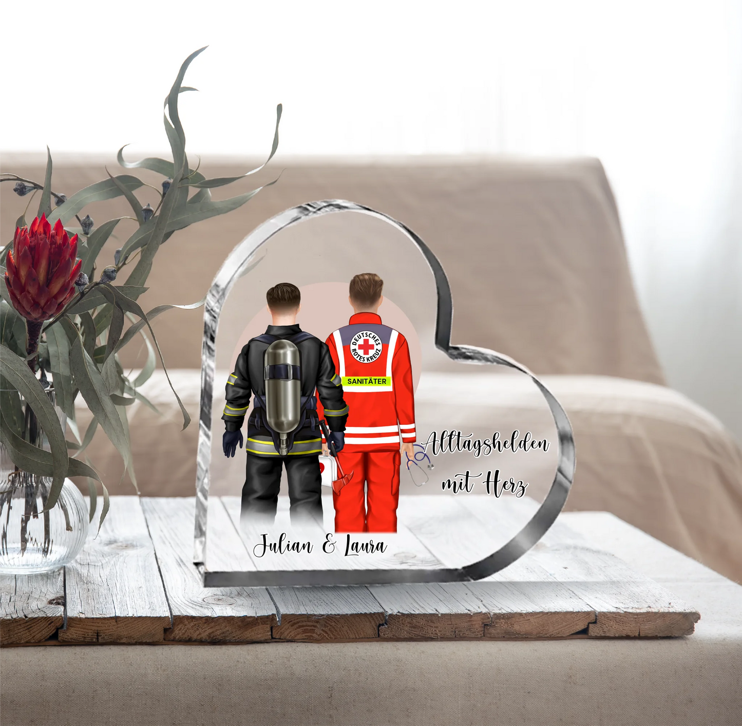 Feuerwehr & Sanitäter Alltagshelden Herz Glasaufsteller