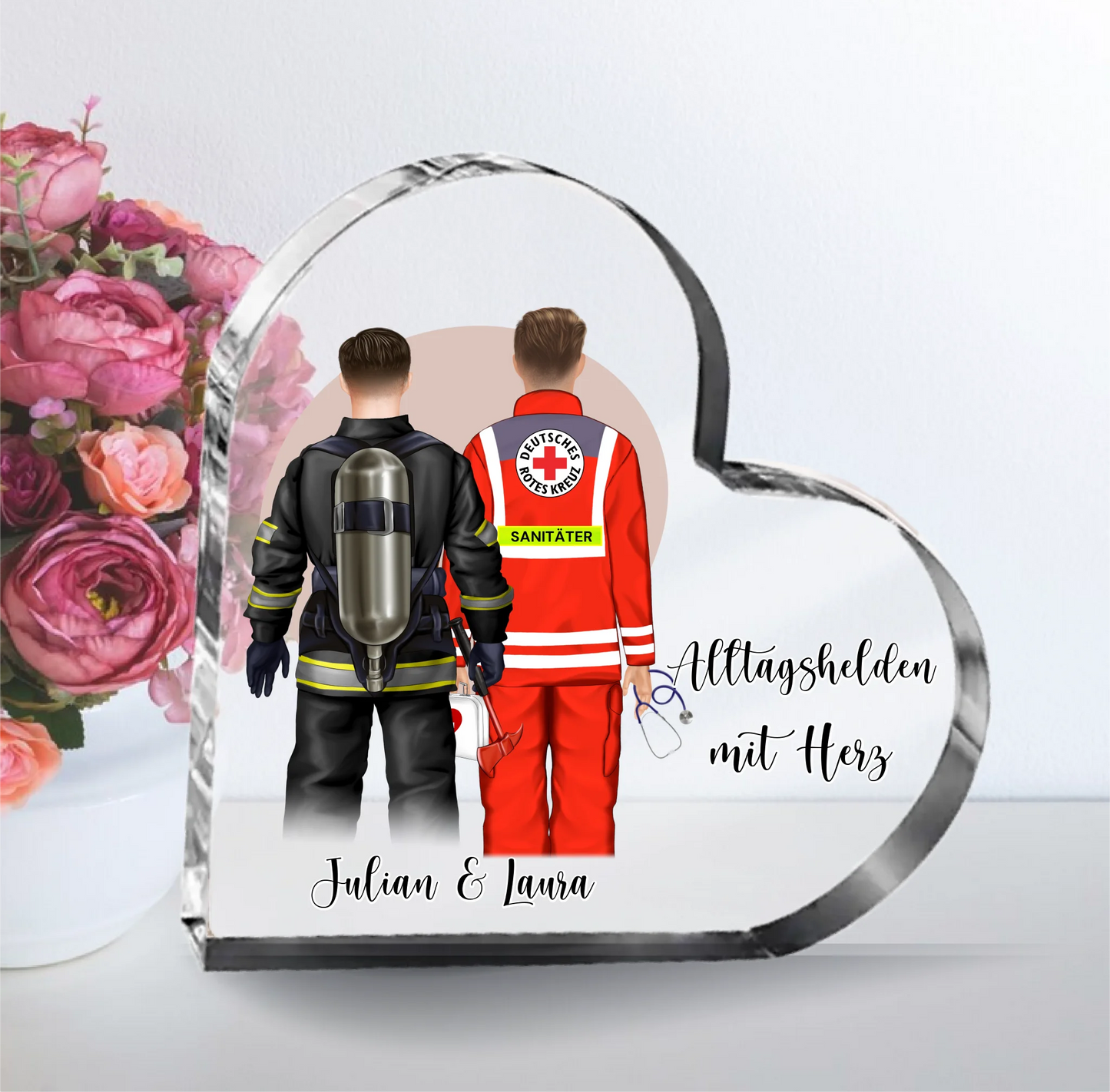 Feuerwehr & Sanitäter Alltagshelden Herz Glasaufsteller