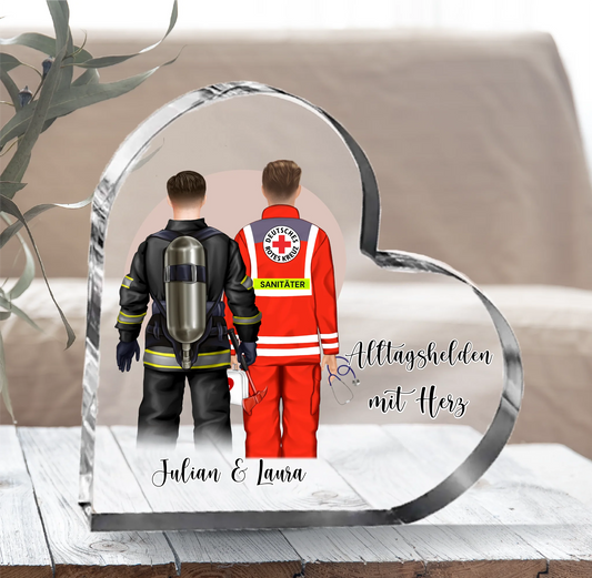 Feuerwehr & Sanitäter Alltagshelden Herz Glasaufsteller
